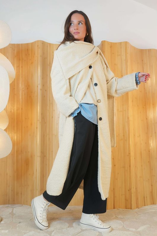 Boucle Longline Scarf Drape Jacket Stone